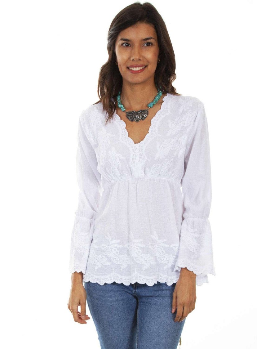 Blouse * | Discount Cantina By Scully Women'S White Plunge Long Sleeve Blouse