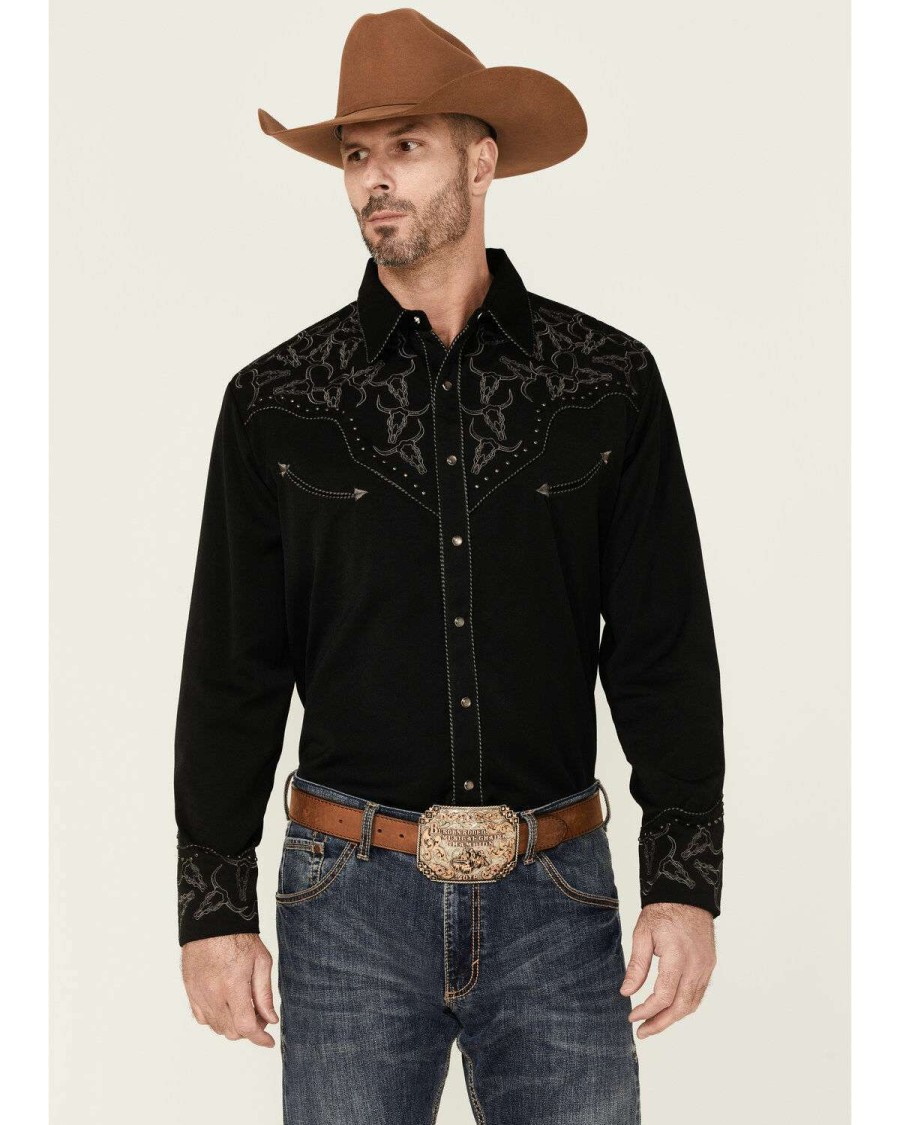 Shirts * | Limited Edition Scully Men'S Longhorn Embroidered Studded Black Long Sleeve Snap Western Shirt