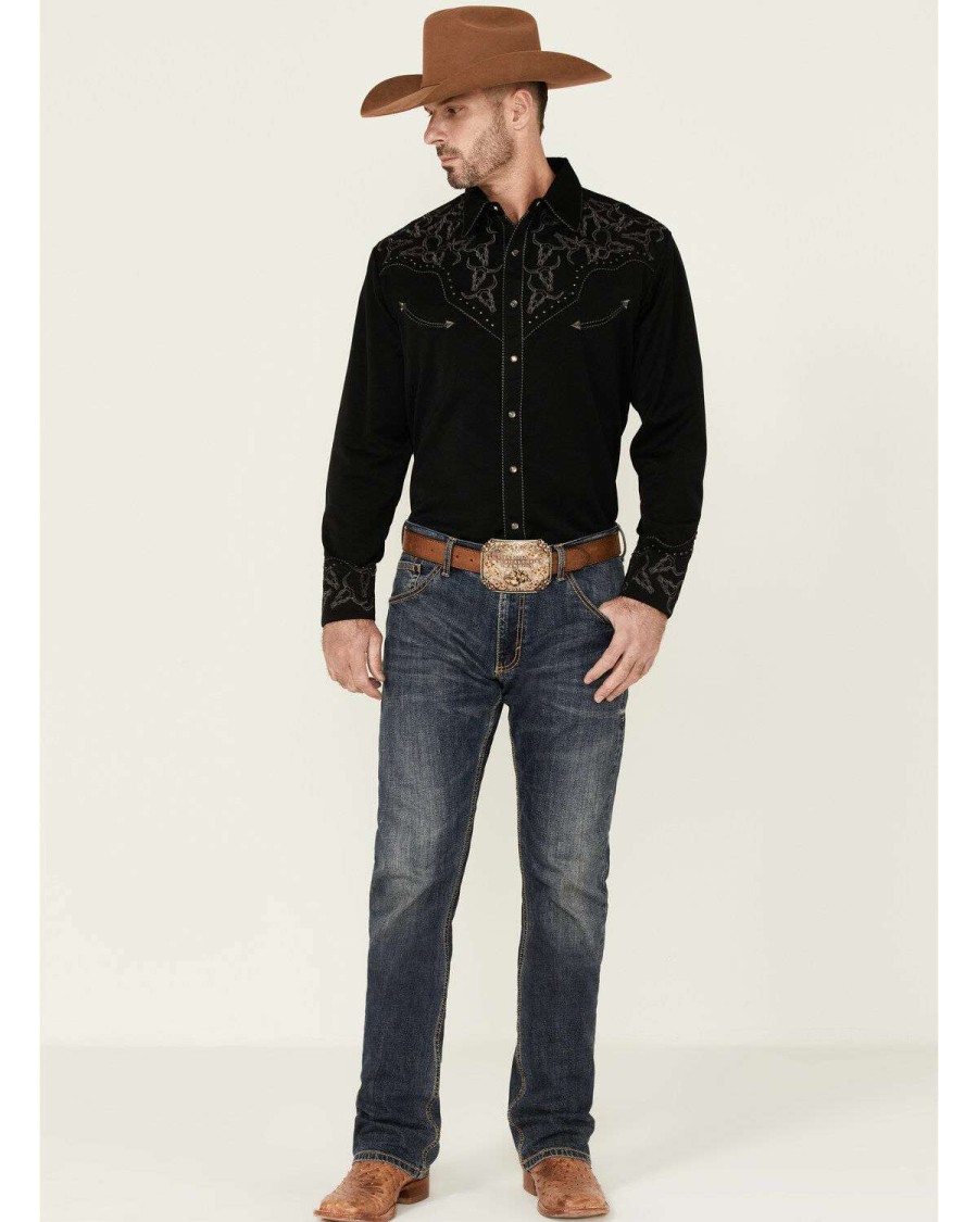 Shirts * | Limited Edition Scully Men'S Longhorn Embroidered Studded Black Long Sleeve Snap Western Shirt