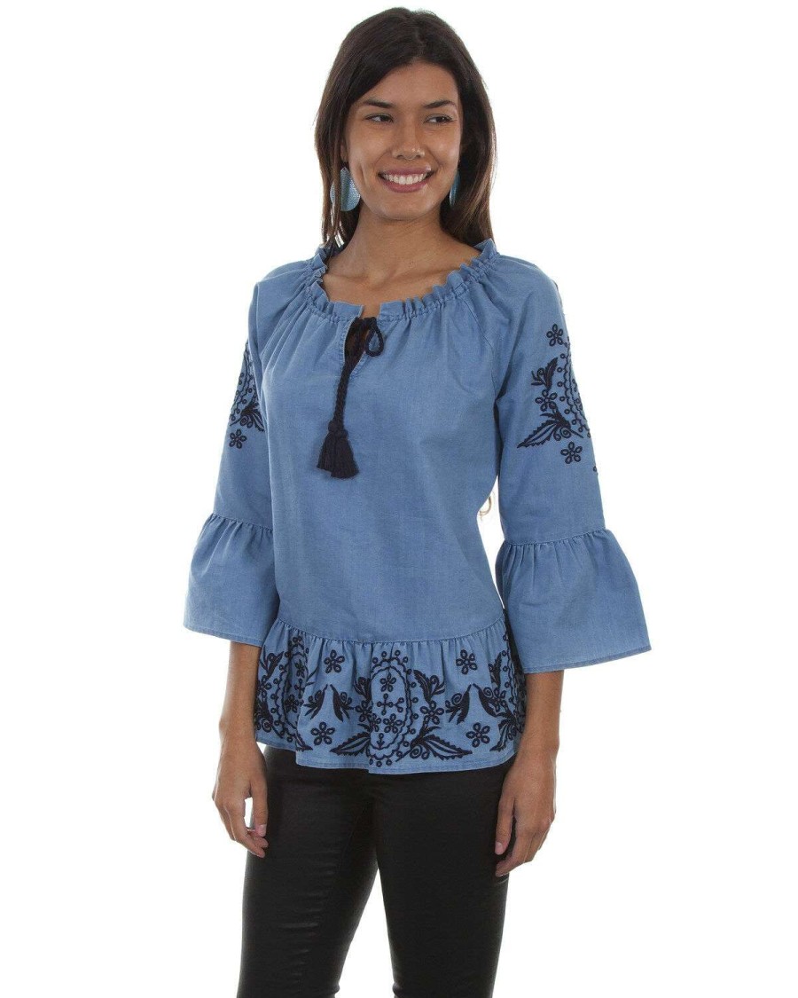 Blouse * | Outlet Honey Creek By Scully Women'S Denim Peplum Long Sleeve Blouse