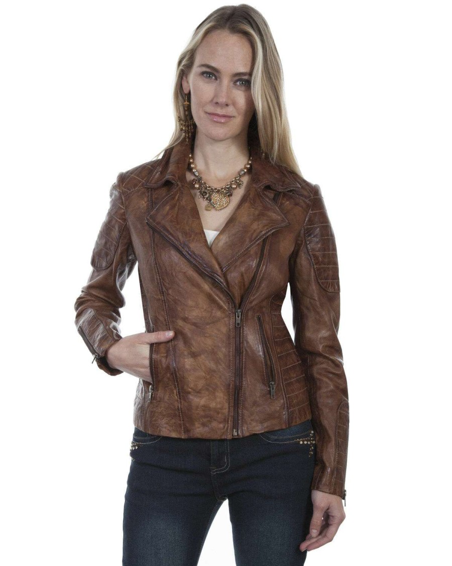 Jackets * | Discount Leatherwear By Scully Women'S Brown Cross Zip Moto Leather Jacket