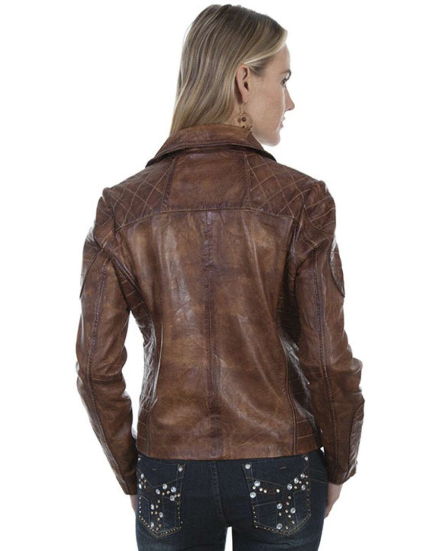 Jackets * | Discount Leatherwear By Scully Women'S Brown Cross Zip Moto Leather Jacket