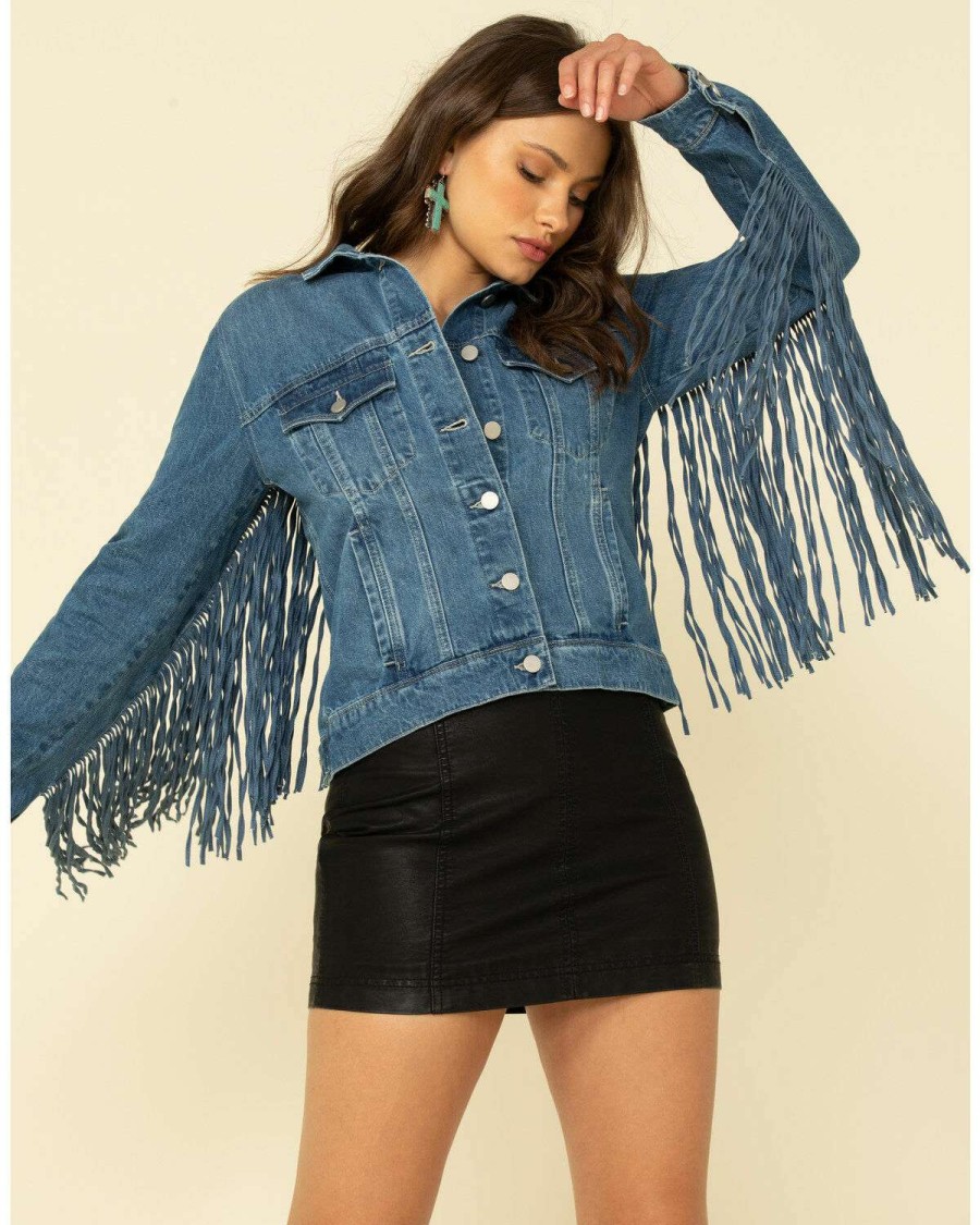 Jackets * | Sale Honey Creek By Scully Women'S Denim Fringe Twist Jacket