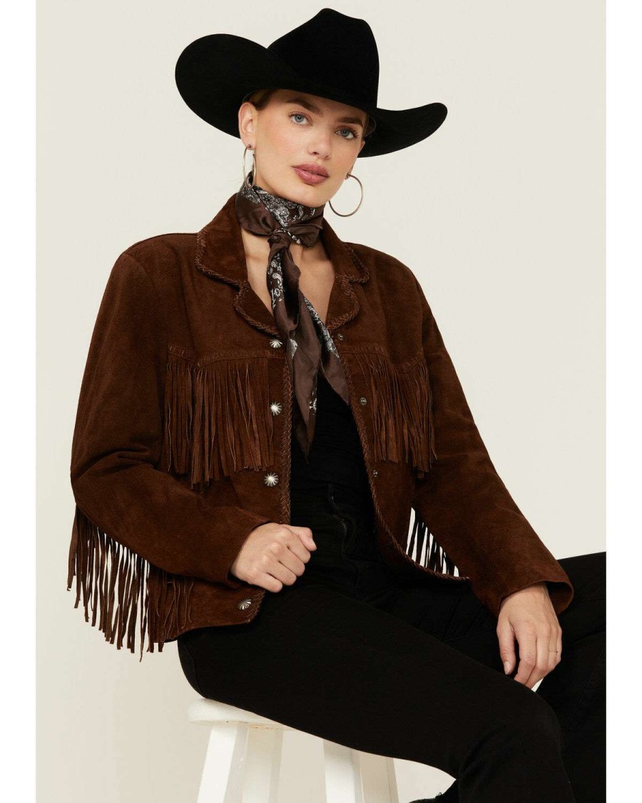 Jackets * | Sale Scully Women'S Caf Brown Suede Fringe Jacket