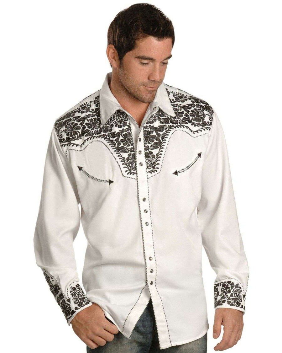 Shirts * | Sale Scully Men'S Pewter-Tone Embroidered Retro Long Sleeve Western Shirt Big & Tall