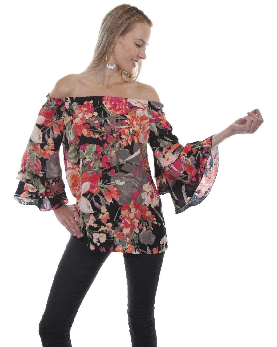 Blouse * | Limited Edition Honey Creek By Scully Women'S Black Floral Peasant Blouse