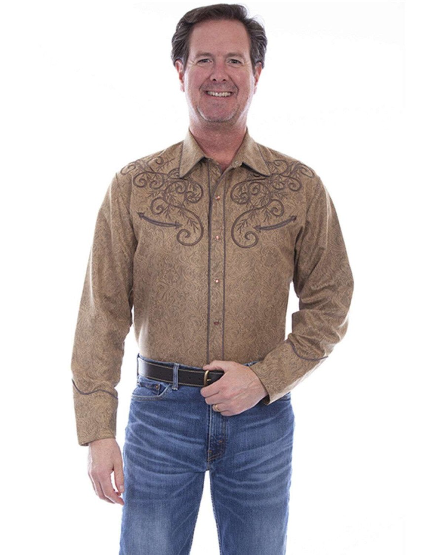 Shirts * | Limited Edition Scully Men'S Tan All Over Paisley Print Embroidered Long Sleeve Snap Western Shirt