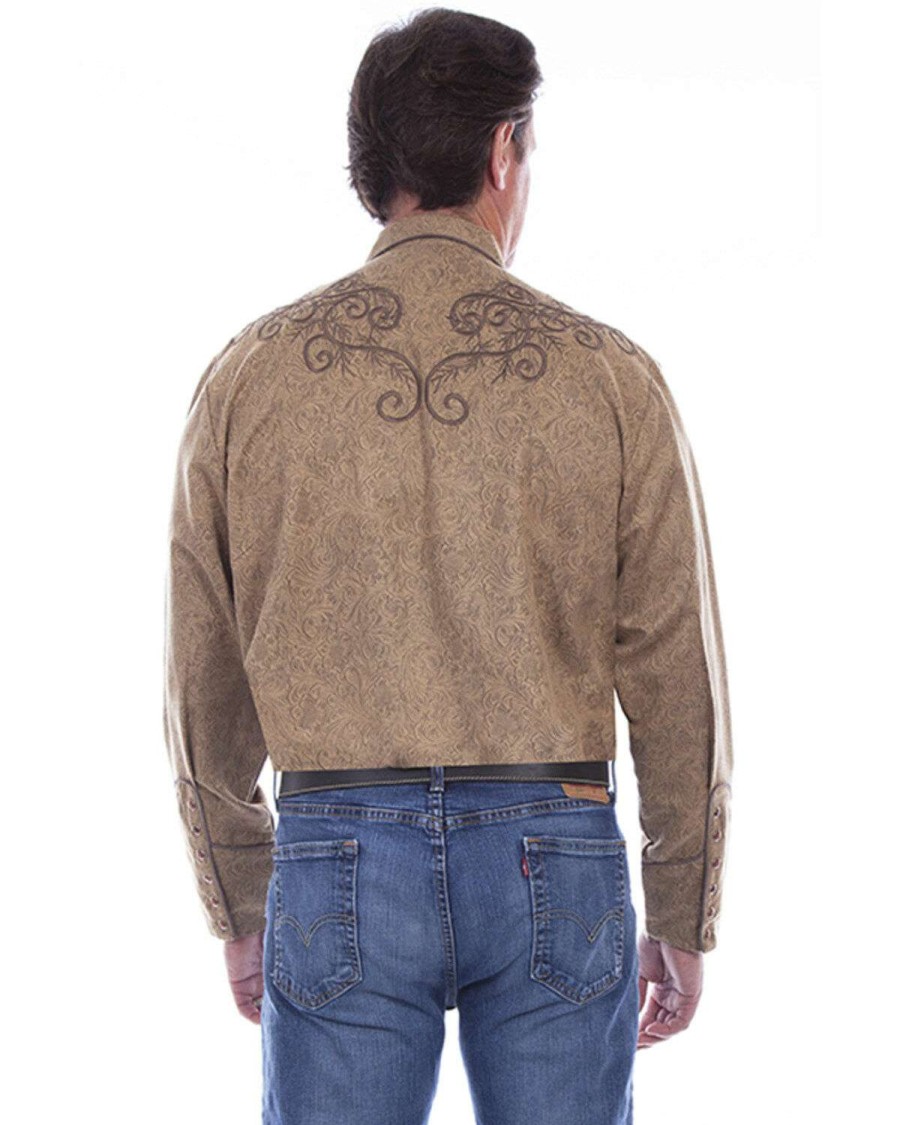 Shirts * | Limited Edition Scully Men'S Tan All Over Paisley Print Embroidered Long Sleeve Snap Western Shirt