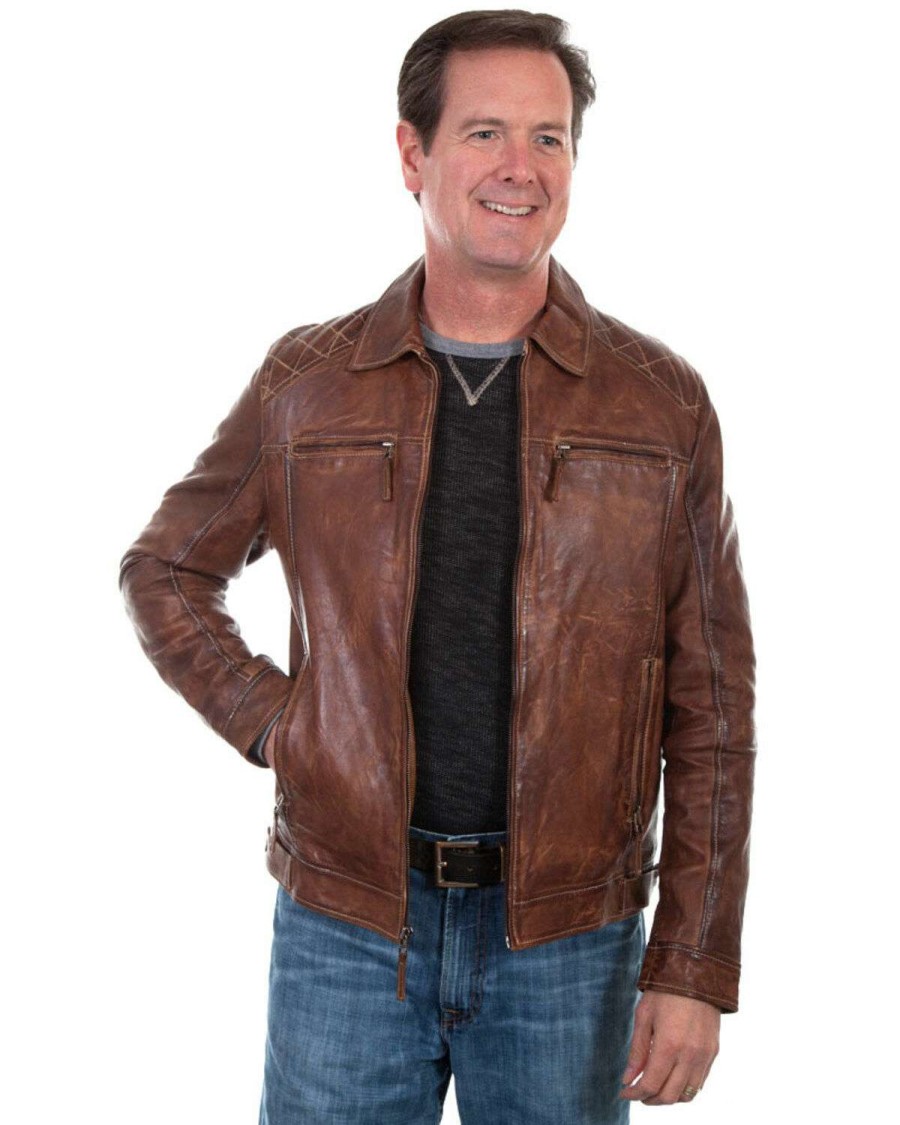 Jackets * | Sale Scully Leatherwear Men'S Brown Washed Lamb Leather Jacket Big