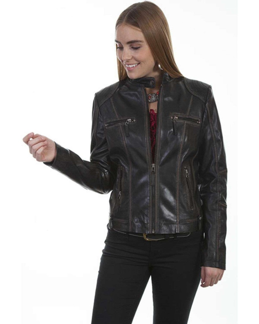 Jackets * | Online Scully Women'S Black Leather Zip Jacket