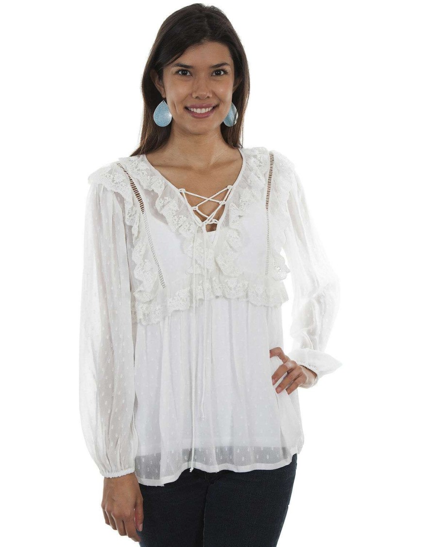 Blouse * | Outlet Honey Creek By Scully Women'S Ivory Swiss Dot Ruffle Blouse