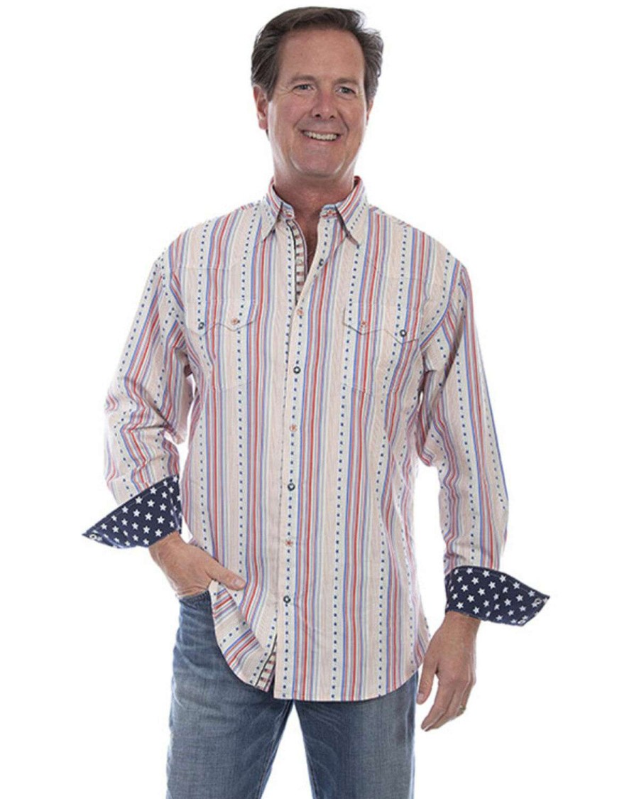 Shirts * | Outlet Scully Men'S Multi Stars & Stripes Print Long Sleeve Snap Western Shirt