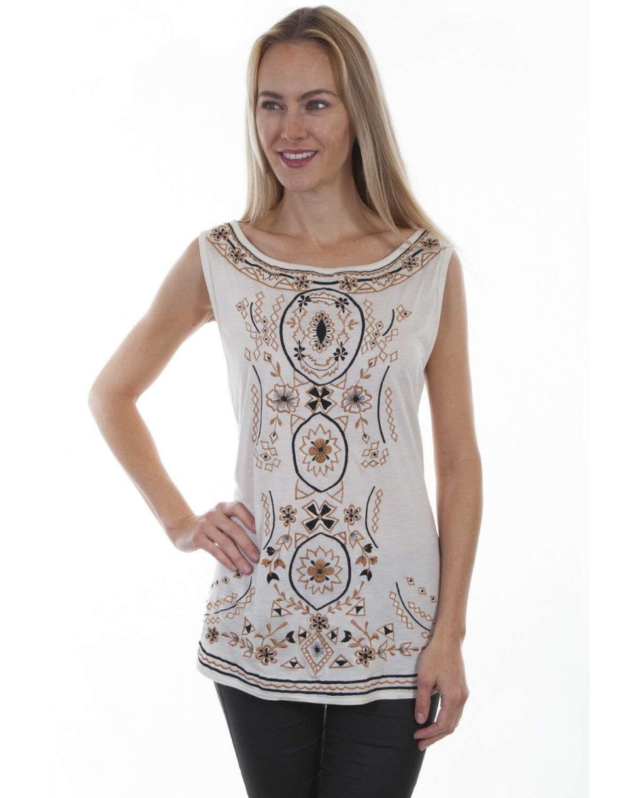 Tops * | Discount Honey Creek By Scully Women'S Ivory Embroidered Tank Top